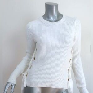 MICHAEL Michael Kors Lace-Up Sweater White Cotton Ribbed Knit - Size Large